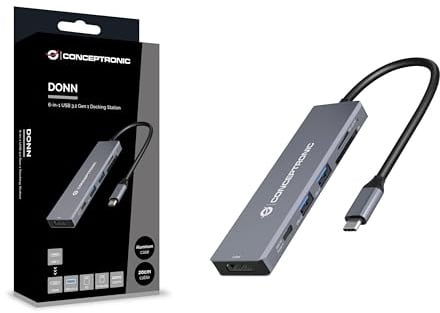 Conceptronic DONN23G 6-in-1 USB 3.2 Gen 1 Dockingstation, USB 3.0 x 2, 100W USB PD, 4K 60Hz HDMI, SD, TF/MicroSD