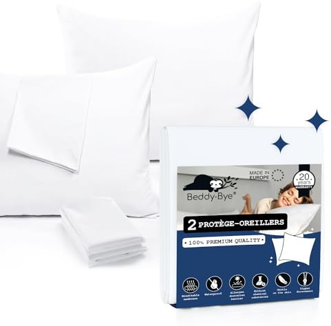 Protège Oreiller 65x65 cm (Lot de 2) Imperméable avec Fermeture Zip de Beddy-Bye® – sous Taie Respirante et Hypoallergénique Certifiée Oeko-Tex - Housse Fabriquée en UE