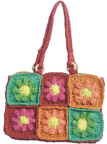 CHINOCO geflochten Strohtasche Kinder faltbar Handtasche rot Blume Strandtasche Kita-Tasche Geschenk 21cm