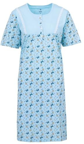 Zeitlos Nachthemd Damen Kurzarm Butterfly Schmetterling Spitze Knöpfe M-2XL Knopfleiste Schlafshirt
