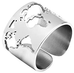 Verstellbarer Edelstahl Weltkarten-Ring - Nickelfrei - Inspirierendes Geschenk für Reisende - Modell Madrid - (Silber)