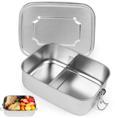 ROYUEXT Brotdose Edelstahl mit 2 Fächern, Brotdose mit verschiebbarem Teiler, 1500ml auslaufsichere Brotdose aus Metall für Erwachsene Kinder