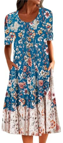 Kleider Damen Sommer, Blumenkleid 3/4-Arm Rundhals Sommerkleid mit Taschen Partykleid Elegant Abendkleider Cocktailkleid A-Line Swing Kleider Slim Fit Strandkleider Freizeitkleider Herbstkleid