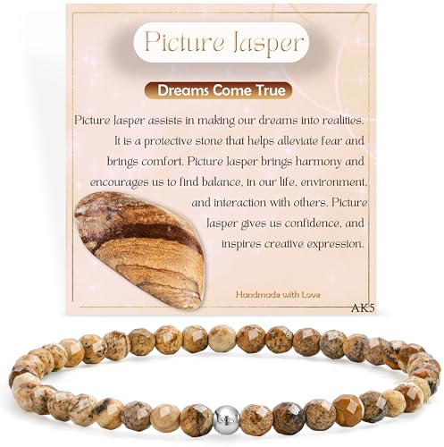 Picture Jasper - Dreams Come True - Edelstein Perlen Armband für Frauen, 4mm Kristall Silber 925 Naturstein Schmuck Elastisch Armbänder Damen, Chakra Spirituelle Charms Armbänder Geschenke