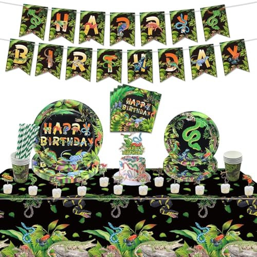 115Pcs Reptile Party Decorations - Includes Reptile Plates, Napkin, Cups, Birthday Banner, Cake Topper for Jungle Safari Lizard Swamp Birthday Party Supplies, Serves 20