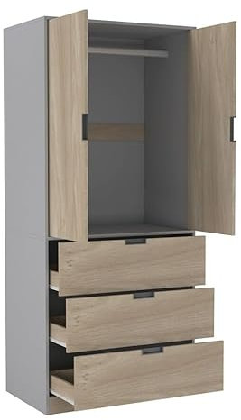 URBNLIVING 2 Door 3 Drawer Black White Oak Grey Modern Wardrobe Furniture with Clothes Hanging Rail Storage Shelf for Home Bedroom Organiser Unit H180cm x W80cm x D50cm