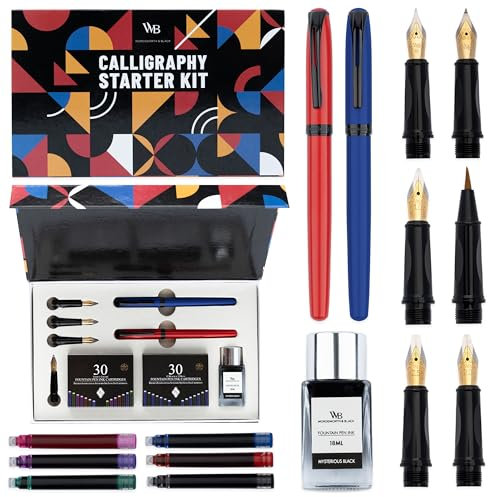 Wordsworth and Black Kalligraphie-Stiftset - Blau - 2 Kalligraphie-Stifte, 18-ML-Tintenflasche, 60 Tintenpatronen, Tintenauffüllkonverter, 1 mittlere und 4 breite Federn, Pinselstift