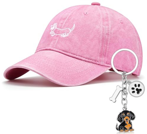 Hestya Geschenke für Dackelbesitzer Dackelgeschenke Dackel Schlüsselanhänger Baseballkappe mit Welpengrafik Liebes Welpen Schlüsselbund Vintage Baseball Hat Unisex Baseballkappe mit Stickerei(Rosa)