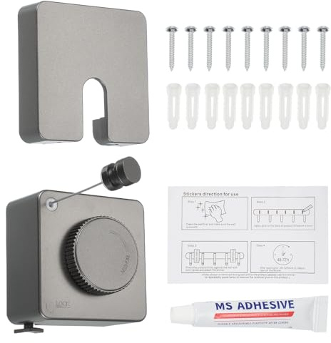 sourcing map Corde à linge rétractable pour intérieur et extérieur - 4,2 m - En acier robuste - Pour balcon, cour - Gris - 8,9 x 8,9 x 4,1 cm