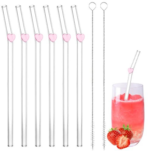 Glass Straws Reusable, 6 PCS Shatter Resistant Reusable Straw with 2 Cleaning Brushes, Eco Friendly Bent Straws Reusable Glass Straws Drinking for Smoothies Milkshake and Cocktail, 20cm (Heart)