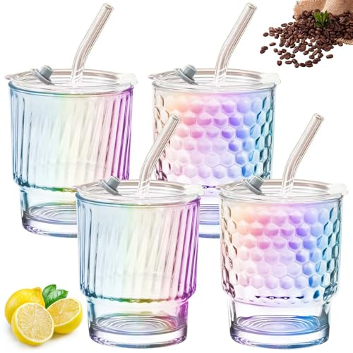 Lot de 4 gobelets en verre nervuré - 350 ml - Rayures verticales - Gobelets à smoothie avec rayures en cristal - Hermétiques et étanches - Pour jus, smoothie, eau, thé
