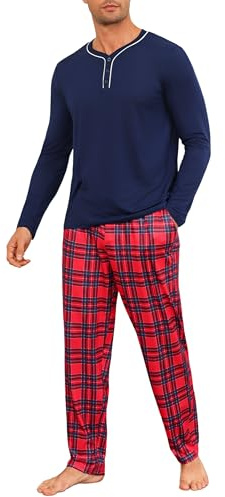 Demegimi Pyjama Homme Long en Coton à Carreaux Ensemble de Nuit Confortable avec Haut à Manches Longues et Pantalon