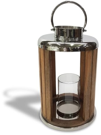 Elm Home And Garden Mango Wood and Stainless Steel Lantern - Glass Hurricane Candle Holder - Rustic Modern Decorative Lantern for Use - Natural Wood and Silver (39cm High x 26cm Wide x 26cm Deep)