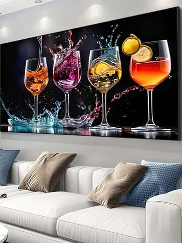Vibrant Wine & Cocktail Glasses Painting Canvas Art Wall Decor Picture For Living Room, Colorful Design Poster and Prints 55x110cm Frameless