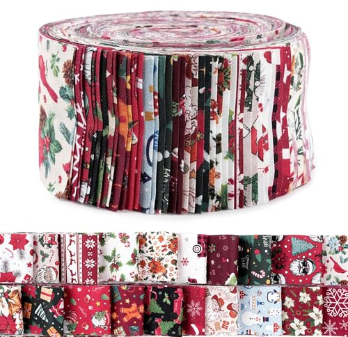 40 fasci di tessuto di cotone natalizio, 6,5 x 100 cm, strisce a tema natalizio (Babbo Natale, albero, pupazzo di neve), tessuto fai da te per trapunte, progetti artigianali fai da te e decorazioni