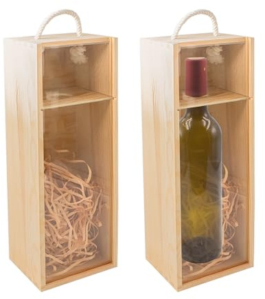 2 Stück Weinbox aus Holz,Geschenkbox mit Transparenter Schiebedeckel und Griffen Aufbewahrungsbox für Geschenke Weinkiste Holzkiste für Jubiläum Hochzeit Einweihungsparty Geburtstag,34 × 11 × 11 cm