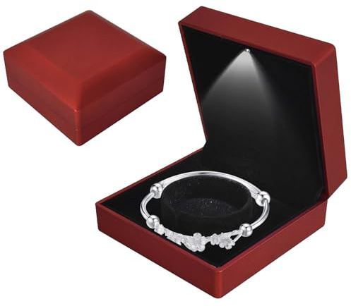 Armband-Box mit LED-Licht, Luxus-LED-Licht-Armband-Geschenkbox, Samt Schmuck Schmuckschachtel Geschenkbox mit LEDs, Schmuck-Armbands-Box für Verlobung Heiratsantrag Hochzeit, 10*10*5cm, Rot