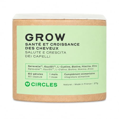 Circles GROW Integratore Capelli e Unghie Donna Biotina Selenio Ferro Serenoa Repens Equiseto Silice Vitamine B3 B5 B6, Senza Zuccheri Aggiunti, 30 Capsule Vegan Made in France
