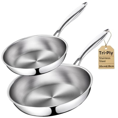 Vutlace 2PCS Stainless Steel Frying Pan with Lid, 3-Ply Clad Titanium Frying Pan, Uncoated, Titanium Construction, Induction Cookware, Cooking Pan, Stir Fry Pan, Dishwasher Safe Pan, Includes Lid
