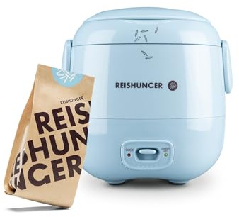 REISHUNGER Mini Reiskocher – 0,3L – 1-2 Portionen – Starterset – Hellblau | hochwertige Keramikbeschichtung – Premium Topf – Handliche Größe – Im Vorteils-Set mit 8 leckeren Reissorten
