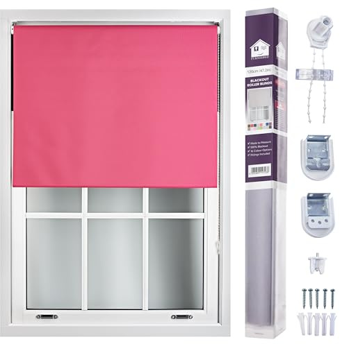 FURNISHED Roller Blinds Window Blackout Blind - 100% Black Out Thermal Fabric Easy Fit Fittings - Custom Made to Measure Blackout Blind Bedroom Bathroom Kitchen, Fuchsia Pink, Up to 120W x 210H cm