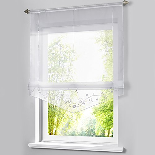 Voile Bändchenrollo Eva mit Stangendurchzug (1 Stück) Stickerei Raffrollos Weiß H/B: 140/80 cm