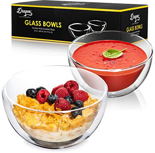 Dragon Glassware Clear Glass Bowl Set - 23 oz Durable Insulated Double Wall Glass Cereal Bowls Set of 2 - Microwave Safe & Freezer Safe - Great for Soups, Pastas, Desserts