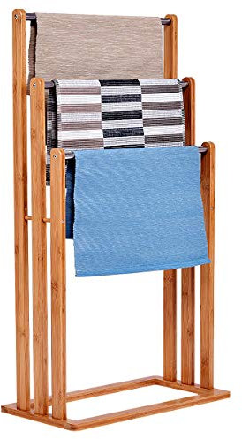 GOPLUS Handtuchständer Freistehend, Badehandtuchständer aus Bambus und Edelstahl, Handtuchhalter Badetuchhalter Badehandtuchhalter Standhandtuchhalter, 84x46x24 cm