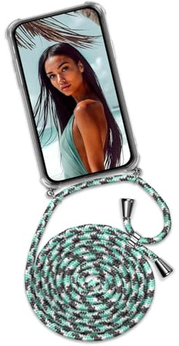 ONEFLOW Handykette für iPhone 12 mini Hülle mit Band, Handyhülle mit Kette abnehmbar, Handyband zum Umhängen, Handy Umhängeband Lange Handykordel, Twist Case – Mint grau