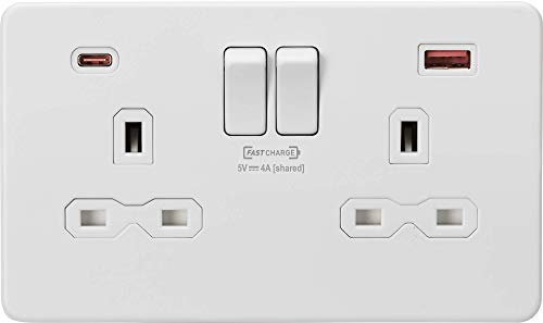 Knightsbridge SFR9909 Screwless Twin Switched Socket with Dual Fastcharge USB A+C Ports in Matt White