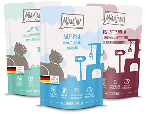 MjAMjAM - Premium Nassfutter für Katzen - Mixpaket II 4*Wild&Kaninchen, 4*Pute, 4*Ente&Geflügel, 12er Pack (12 x 125 g), getreidefrei mit extra viel Fleisch