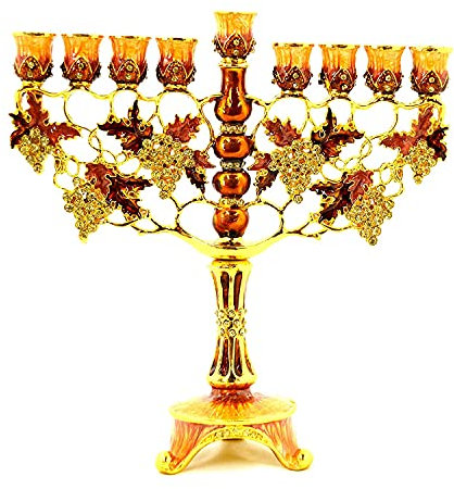 Florale Menora mit handgefassten österreichischen Kristallen, handbemalt, Emaille auf Zinn (Rost)