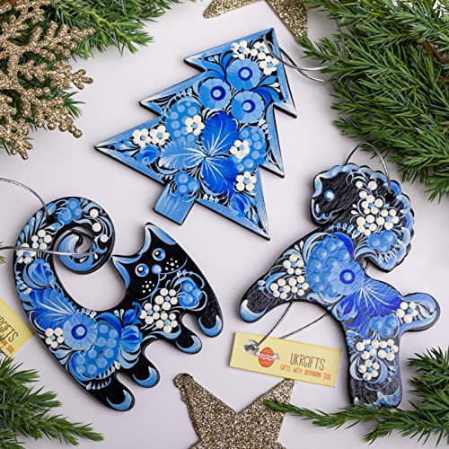 Tiere Christbaumschmuck Pferdchen, Tannenbaum und Katze Anhänger beidseitig Handbemalt mit Blumenmuster der Ukrainischer Malerei, Schönes Weihnachtsgeschenk
