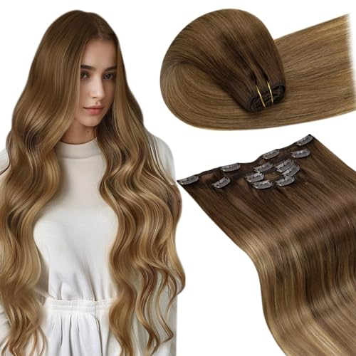 LaaVoo Extensions Echthaar Clip in Braun Echthaar Extensions Clip Mittelbraun Balayage Hellbraun Ombre Dunkelblond Remy Menschenhaar Doppelt Tressen 30cm 5pcs 70g #6/8/14