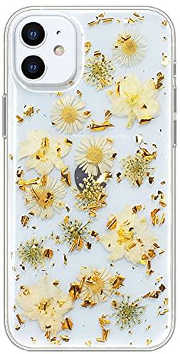 Abbery Klar Handyhülle für iPhone 11 Hülle Blumen, Dünne Transparente Durchsichtig Weich TPU Echte Getrocknete Blume Mit Motiv Flower Handarbeit Frauen Mädchen Stoßfeste Schutzhülle (Goldene Blumen)