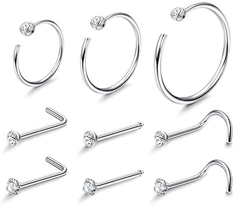 Kakonia 22G 9Pcs Petits Anneaux de Nez Goujons Cristaux d'Autriche Acier Inoxydable Tire-Bouchon Anneaux de Nez Helix Piercings Cerceau Ensemble de Bijoux de Corps Argent