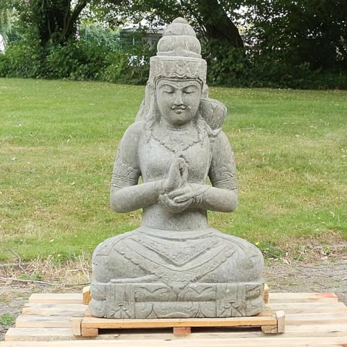 Oriental Galerie Dewi Tara Stein Figur Statue Gartenfigur Steinfigur Dekofigur Gartendeko sitzend Massiv aus Greenstone 100 cm