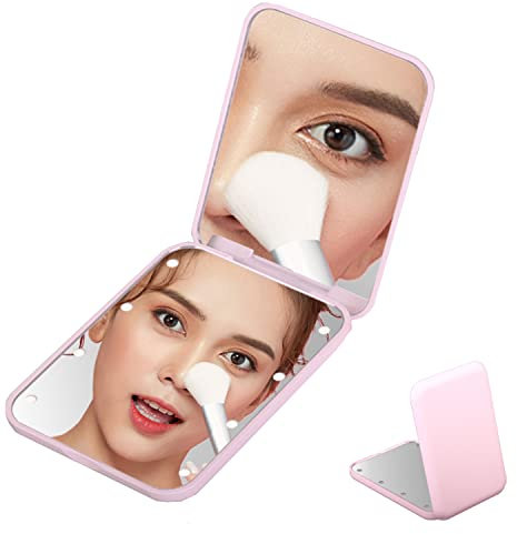 Specchio tascabile con luce a LED, ingrandimento 1X/3X, compatto, da viaggio, specchio da viaggio illuminato per borsa, borsa, tasca, specchio da trucco portatile su 2 lati (rosa)