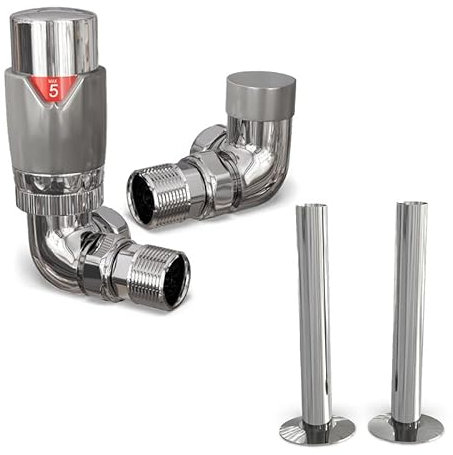 UK Radiators Silver Thermostatic Radiator Valves and Corner Lockshield Valve - Gloss Silver Finish - Modern Design 1/2 x 15mm Corner Radiator Valves with 130mm Pipe Covers
