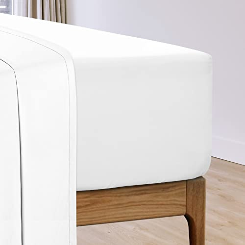 Pizuna Cotton Percale Double Fitted Sheet White,100% Long Staple Combed CottonFitted Bed Sheets Double 140x200 cm,Percale Weave 40 cm Deep Fitted Sheets for Double Bed 1 PC White