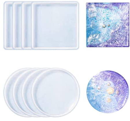 LOREC 8 Pcs Resin Silikonform Untersetzer Rund/Quadrat Epoxidharz Formen Silikon Silikonformen Epoxidharz Untersetzer Set Geeignet für Untersetzer,Kerzenhalter,DIY Bastelprojekte,Heimdekoration