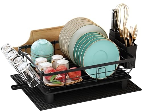 MAJALiS Escurreplatos, Alta Capacidad Escurridor de Platos con Drenaje Automático, Escurreplatos de Acero Inoxidable con Soporte para Utensilios, Portavasos, Tabla de Cortar y Alfombrilla Extra Seca