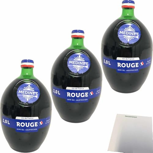 Medinet Rouge Rotwein halbtrocken rot vollmundig fruchtig 12% vol. 3er Pack (3x1 Liter Flasche) + usy Block