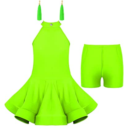iEFiEL Mädchen Quasten tanzkleid latein Salsa Bauchtanz Outfit Tanzkostüm Crop Top+Rock+Ohrringen+Armstulpen Wettbewerb Pailletten Kleider X Fluoreszierendes Grün 158-164