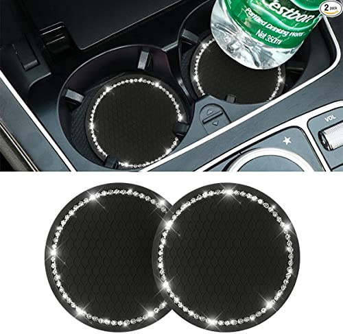 Car Cup Holder Coaster, 2 PCS Universal Bling Crystal Rhinestone Car Accessories 2.75 inch Auto Anti Slip Cup Holder Insert Mat Pad Set,Suitable for Most Car, Trucks, Vehicles Interior (Black/White)