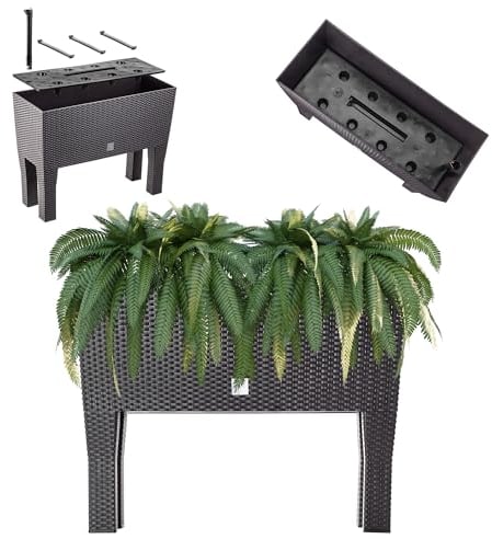 KADAX Blumentopf auf Beinen, Hochbeet aus Kunststoff in 2 Größen, Pflanzkasten in Rattanmotiv, Blumenkasten für Garten, Balkon, Terrasse, Pflanztrog, Kräuterbeet (60cm / Dunkelbraun)
