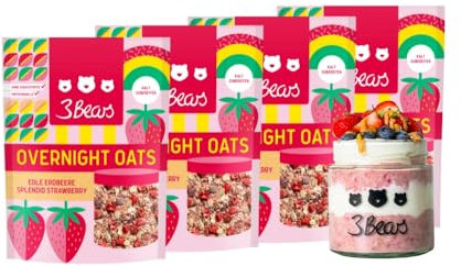 3Bears Overnight Oats - Edle Erdbeere, 4x400g vegane Porridgemischung mit Vollkorn-Haferflocken und Erdbeeren, vegan, ohne Zusatzstoffe & Industriezucker, nach eigener Rezeptur