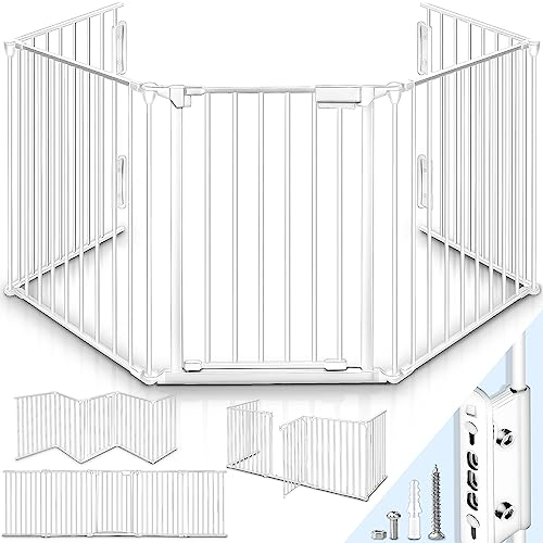 KIDUKU® Kaminschutzgitter mit Tür Metall 420 cm | Absperrgitter Ofenschutzgitter faltbar | Konfigurationsgitter inkl. 7 Elementen (Weiß)