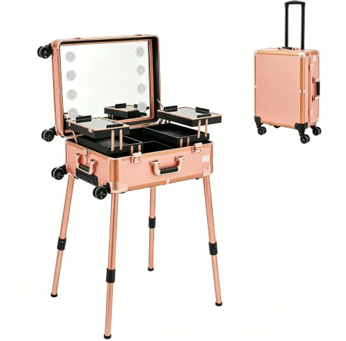 TESUGN Kosmetikkoffer Trolley, Portable Reise Make Up Tasche, Schminkkoffer Kosmetik Make up Organizer Koffer 3 in 1, Verstellbare Beine, Rollen 360° drehbar