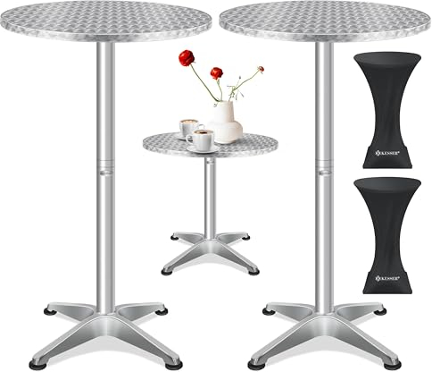 KESSER® Stehtisch Bistrotisch | Pulverbeschichtete Edelstahlplatte | höhenverstellbare Füße | 2X Husse | Partytisch Tisch 2er Set Ø 60 cm | In- & Outdoor | Empfangstisch | Silber
